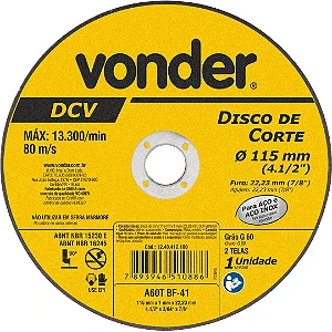 Disco de Corte Vonder 4.1/2" x 1mm p/ Metal e Aço Inox – 115mm