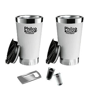 Kit 2 Copos Térmicos Philco Branco Inox 475ml – Mantém Bebidas Quentes ou Frias por Horas