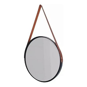 Espelho redondo com alça de couro 33cm