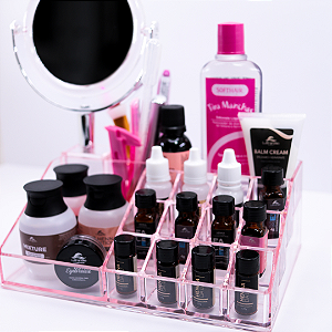 Acrílico Organizador Porta Maquiagem Com Espelho Rosa Sanxia-22.5x15x25.5cm.