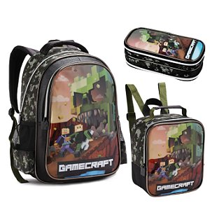 KIT MOCHILA DE COSTA LANCHEIRA E ESTOJO ZOMBIE GAMECRAFT