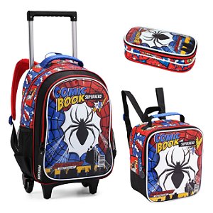 KIT MOCHILA COM RODAS LANCHEIRA ESTOJO SPIDER COMIC BOOK