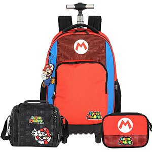 KIT MOCHILA COM RODAS LANCHEIRA E ESTOJO SUPER MARIO