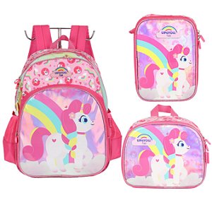 KIT MOCHILA ESCOLAR LANCHEIRA ESTOJO 100 PENS UNICORNIO UP4YOU PETIT