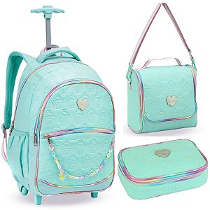 KIT MOCHILA COM RODAS ESTOJO E LANCHEIRA BORDADO CUPCAKE