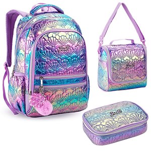 KIT MOCHILA ESCOLAR LANCHEIRA E ESTOJO BORDADO CONCHA