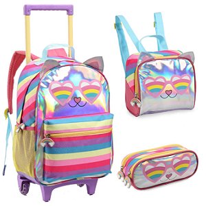 KIT MOCHILA RODINHA LANCHEIRA ESTOJ INFANTIL GATO HOLOGRÁFICA