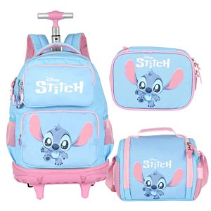 KIT MOCHILA COM RODAS ESTOJO E LANCHEIRA LILO STITCH