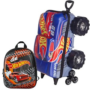 KIT MALA INFANTIL 3D RACE MONSTER TRUCKS E MOCHILA LANCHEIRA HOT WHEELS