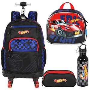 KIT MOCHILA DE RODINHA ESTOJO LANCHEIRA GARRAFA HOT WHEELS