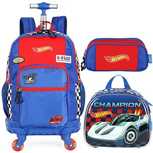 KIT MOCHILA 4 RODAS LANCHEIRA ESTOJO HOT WHEELS