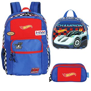 KIT MOCHILA LANCHEIRA ESTOJO ESCOLAR HOT WHEELS