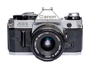 Câmera 35mm - Canon AE-1 Program + Lente 28mm f2.8 (9/10) + Alça Nova + Filme