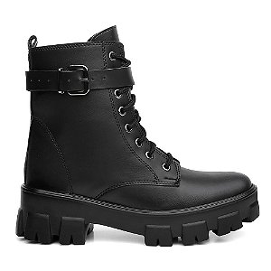 Coturno Feminino Tratorado Preto Estilo Rock Com Fivela Removivel