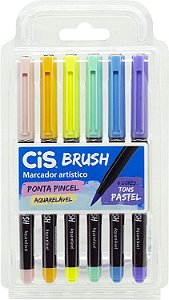 Marcador Artístico Brush Ponta Pincel Aquarelável 6 Cores Tons Pastel Cis