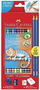 Lápis de Cor EcoLápis Bicolor (24 cores) + 2 Lápis Grafite + Apontador + Borracha Faber-Castell