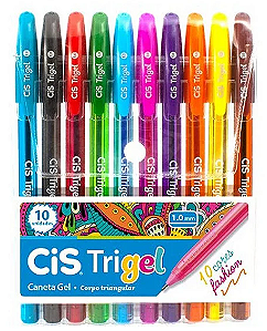 Caneta Gel Triangular Trigel Fashion Cis 1.0mm Estojo com 10 cores