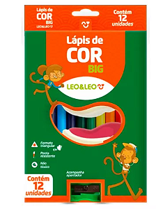 Caixa de Lápis de Cor Jumbo Big 12 Cores Grosso + Apontador - Leo e Leo