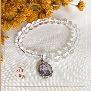Pulseira de Cristal da Rocha - Medalha Santa Hildegarda - esferas de 8mm