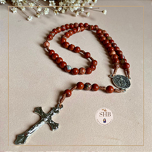 Terço com Medalha de São Bento e Jaspe Vermelho - Medalha de Níquel - 6mm