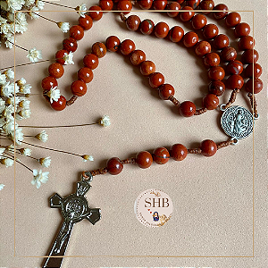 Terço com Medalha de São Bento e Jaspe Vermelho - Medalha de Níquel - 6mm