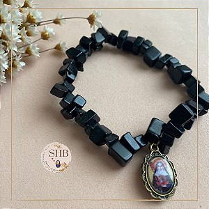 Pulseira de Ônix com Medalha - Fio de Cascalho Cubo de Ônix Preto Natural