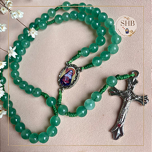 Terço com Medalha de Santa Hildegarda de Bingen e Quartzo Verde - 6mm - Peças em Nìquel