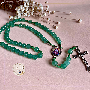 Terço com Medalha de Santa Hildegarda de Bingen e Quartzo Verde - 6mm