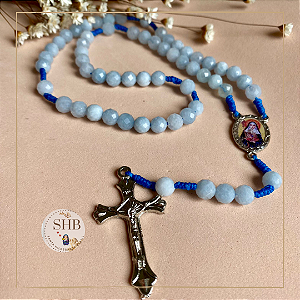 Terço com Medalha de Santa Hildegarda de Bingen e Água Marinha - esfera 6mm