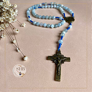 Terço com Medalha de São Bento e Água Marinha - esferas 6mm