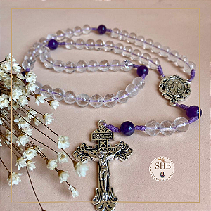 Terço com Medalha de Nossa Senhora das Graças e Cristal da Rocha - 8mm - Níquel