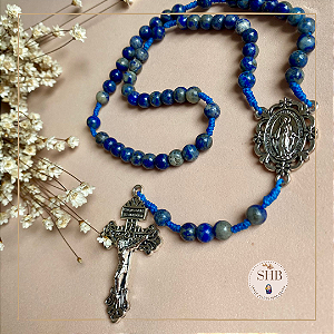 Terço com Medalha de Nossa Senhora das Graças e Lapis Lazuli - 6mm - Níquel