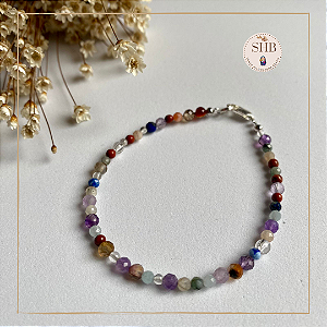PEÇA ÚNICA - Pulseira Mix de Pedras: Ágata + Água Marinha + Ametista + Cristal da Rocha + Esmeralda + Lápis Lazuli + Jaspe Vermelho
