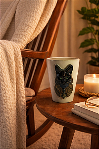caneca artesanal cerâmica gato egípicio