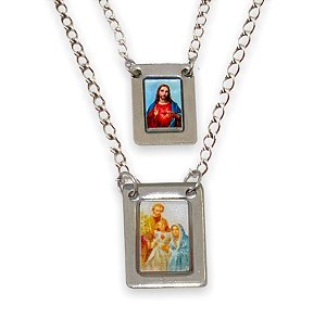 Escapulario Aço Inox Sagrada Familia e S Coração de Jesus