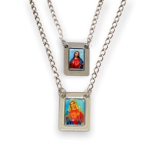Escapulario Aço Inox Sagrado Coração de Maria e Jesus