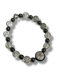 Pulseira Hematita Crucifixo de São Bento Prata Dupla Face