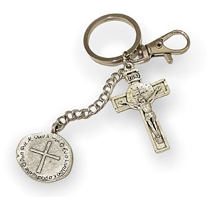 Chaveiro Mosquetão Medalha São Bento Duas Cruzes Crucifixo