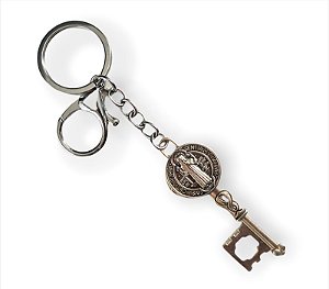 Chaveiro Mosquetão Chave Medalha de São Bento Prata