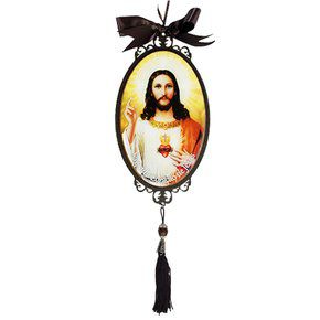 Adorno Enfeite Porta Madeira Sagrado Coração de Jesus 30cm