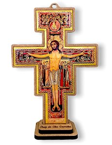Crucifixo Cruz de São Damião Mesa e Parede Madeira Resinada 23cm