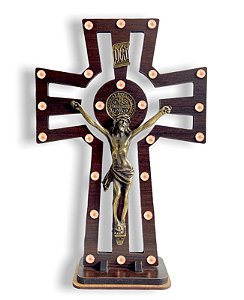 Crucifixo São Bento Mesa e Parede Madeira Vazada Strass 27cm