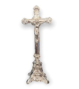 Crucifixo de Mesa Metal Com Cristo Prateado 17cm