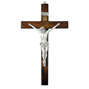 Crucifixo Cruz de Parede em Madeira e Cristo em Mármore 33cm