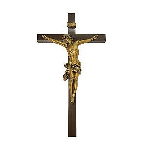 Crucifixo Cruz Madeira e Cristo em Mármore Bronze 53cm