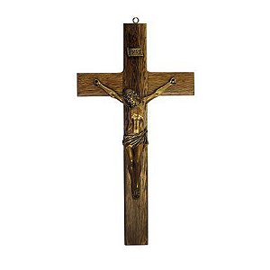 Crucifixo Cruz Madeira e Cristo em Mármore Bronze 30cm