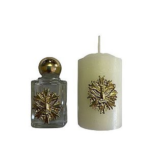 Kit Divino Espirito Santo Dourado Agua Benta e Vela 6cm