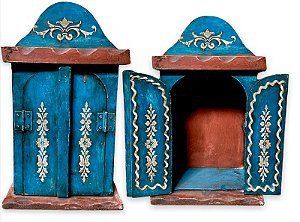 Capela Para Imagem até 25cm Madeira Rustica Azul Artesanal