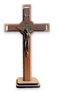 Crucifixo de Mesa Medalha de São Bento Madeira Metal 28cm