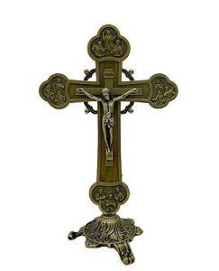 Crucifixo De Mesa Metal Ouro Velho 20cm